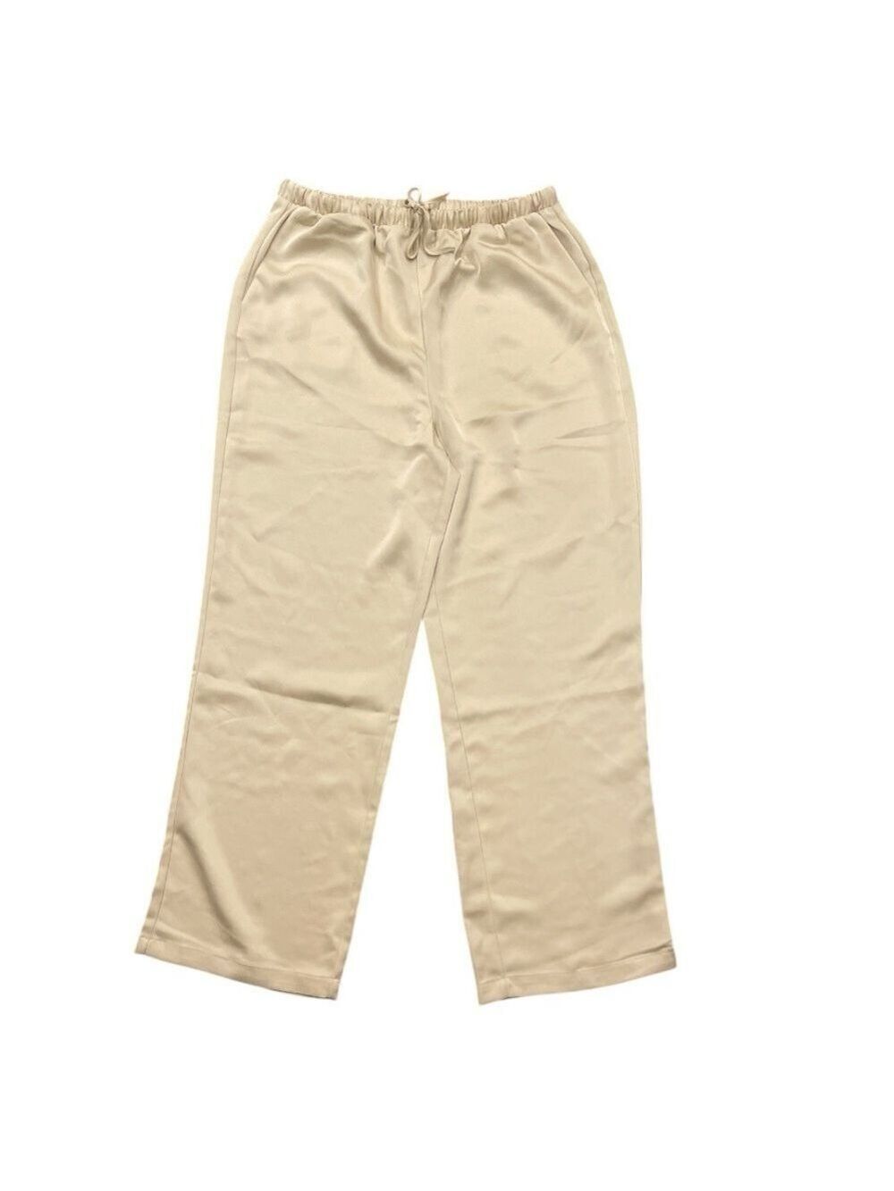 Melloday L beige shiny wide leg elastic waist with tie and pockets pants